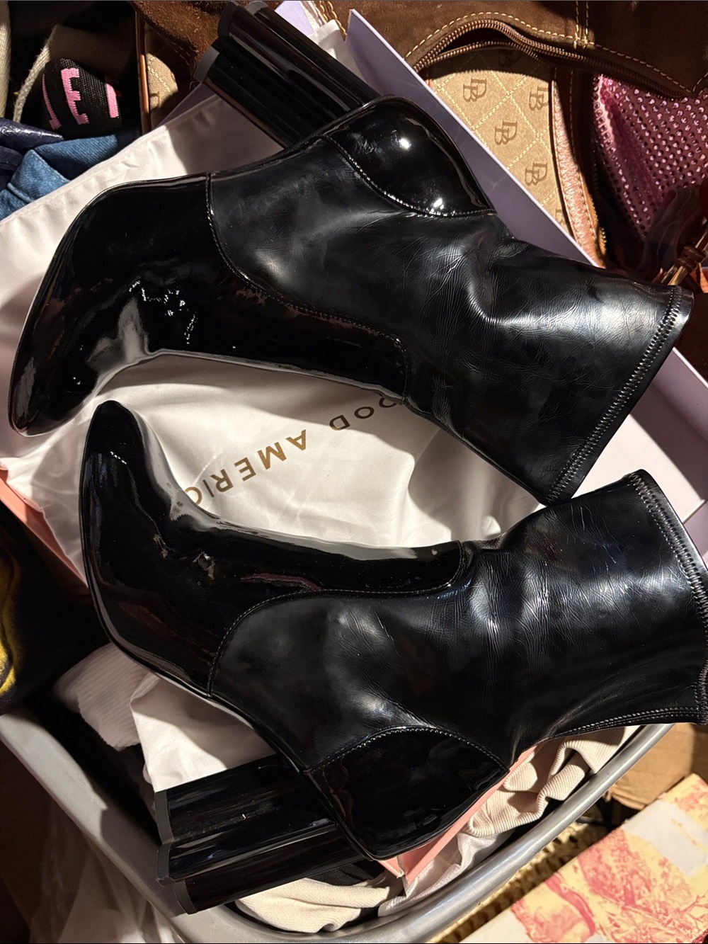 Black Patent Mid-Calf Block Heel Boots